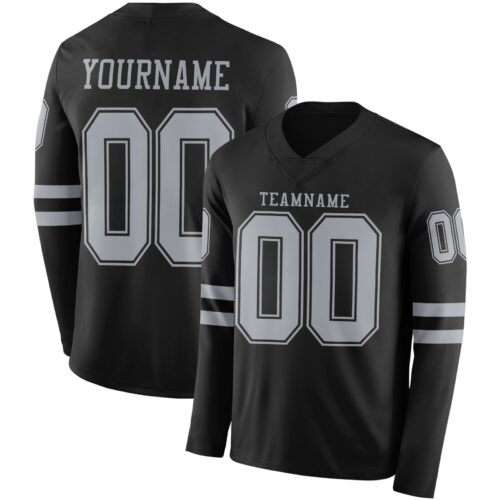 LongSleeve0455 Custom Black Gray Long Sleeve Authentic Football Jersey