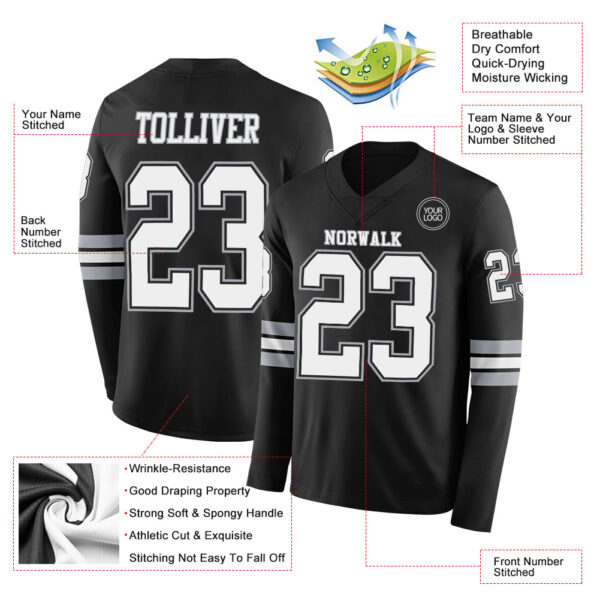 Custom Black White-Gray Long Sleeve Authentic Football Jersey