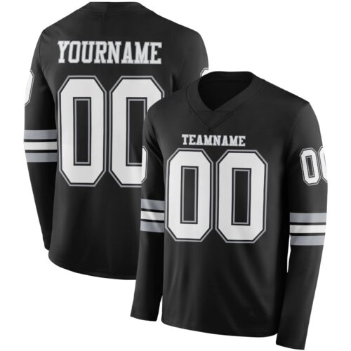 Custom Black White-Gray Long Sleeve Authentic Football Jersey