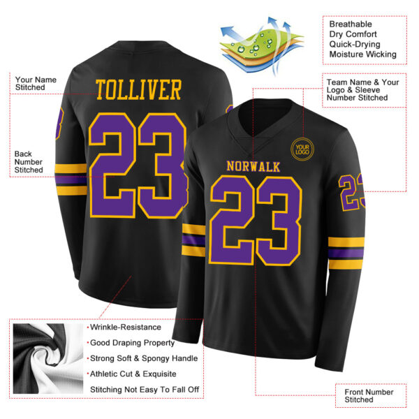 Custom Black Purple-Gold Long Sleeve Authentic Football Jersey