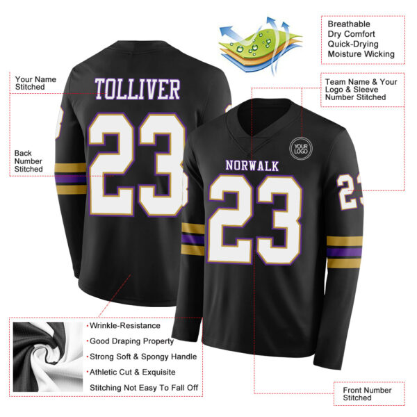 Custom Black White Old Gold-Purple Long Sleeve Authentic Football Jersey