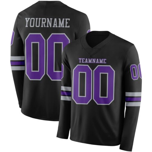 Custom Black Purple-Gray Long Sleeve Authentic Football Jersey