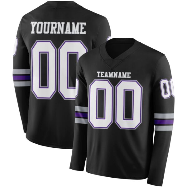 Custom Black White Purple-Gray Long Sleeve Authentic Football Jersey