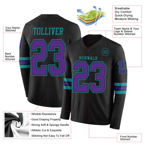 Custom Black Purple-Teal Long Sleeve Authentic Football Jersey