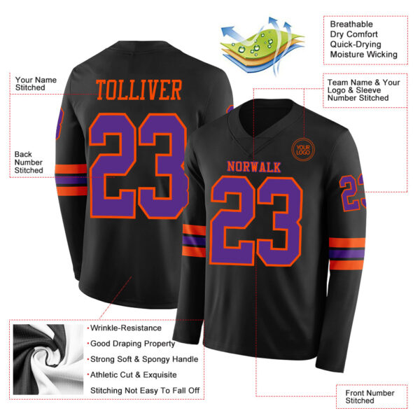 Custom Black Purple-Orange Long Sleeve Authentic Football Jersey