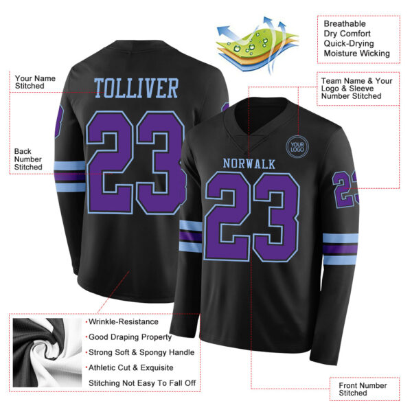 Custom Black Purple-Light Blue Long Sleeve Authentic Football Jersey