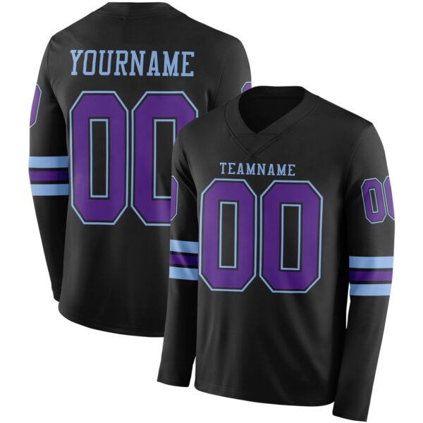 Custom Black Purple-Light Blue Long Sleeve Authentic Football Jersey