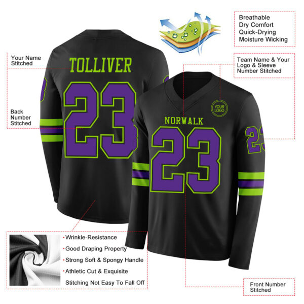 Custom Black Purple-Neon Green Long Sleeve Authentic Football Jersey