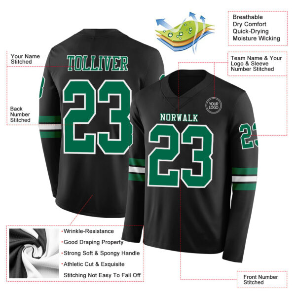 Custom Black Kelly Green-White Long Sleeve Authentic Football Jersey