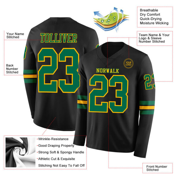 Custom Black Kelly Green-Gold Long Sleeve Authentic Football Jersey