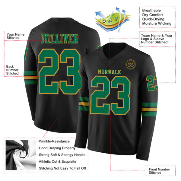 Custom Black Kelly Green-Old Gold Long Sleeve Authentic Football Jersey