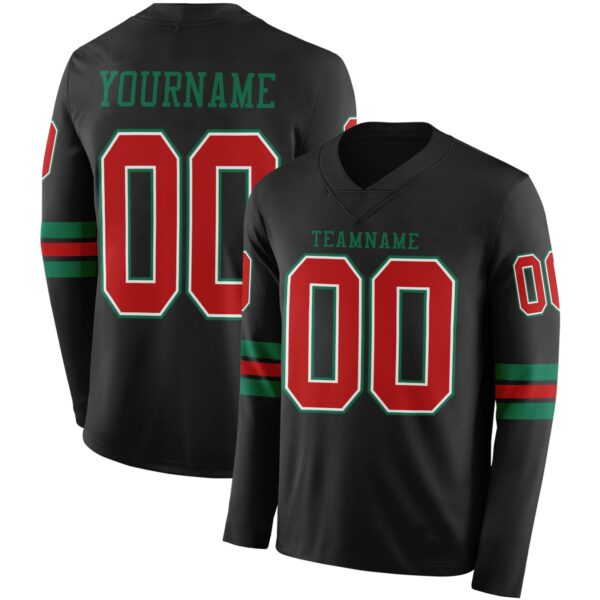 Custom Black Red White-Kelly Green Long Sleeve Authentic Football Jersey