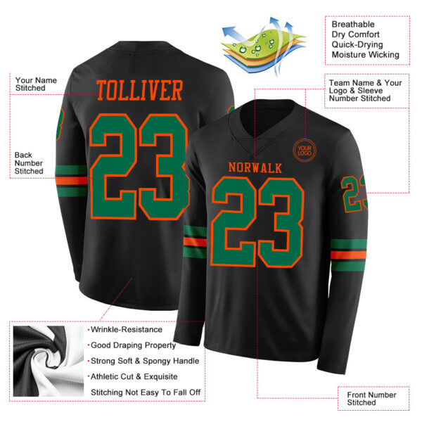 Custom Black Kelly Green-Orange Long Sleeve Authentic Football Jersey