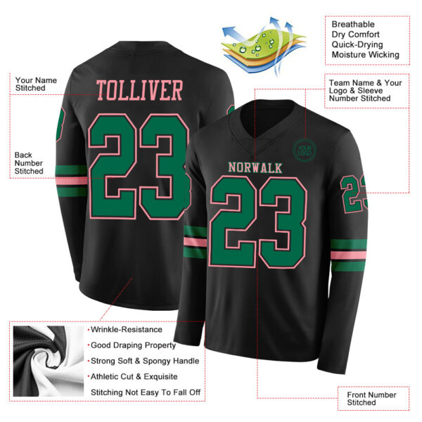Custom Black Kelly Green-Medium Pink Long Sleeve Authentic Football Jersey