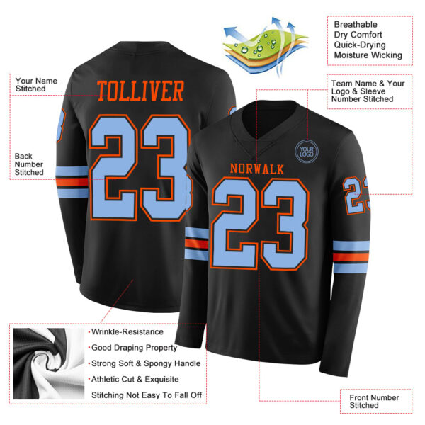 Custom Black Light Blue-Orange Long Sleeve Authentic Football Jersey