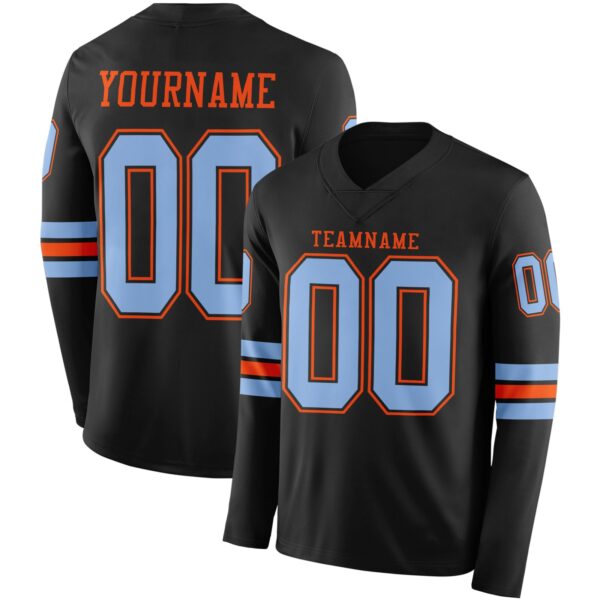 Custom Black Light Blue-Orange Long Sleeve Authentic Football Jersey