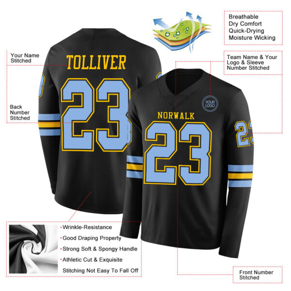 Custom Black Light Blue-Yellow Long Sleeve Authentic Football Jersey