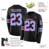Custom Black Light Blue-Pink Long Sleeve Authentic Football Jersey