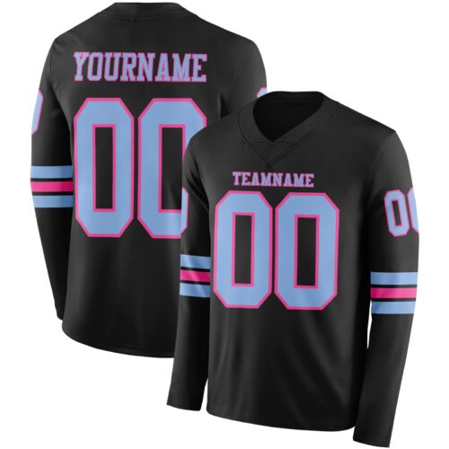 LongSleeve0480 Custom Black Light Blue-Pink Long Sleeve Authentic Football Jersey