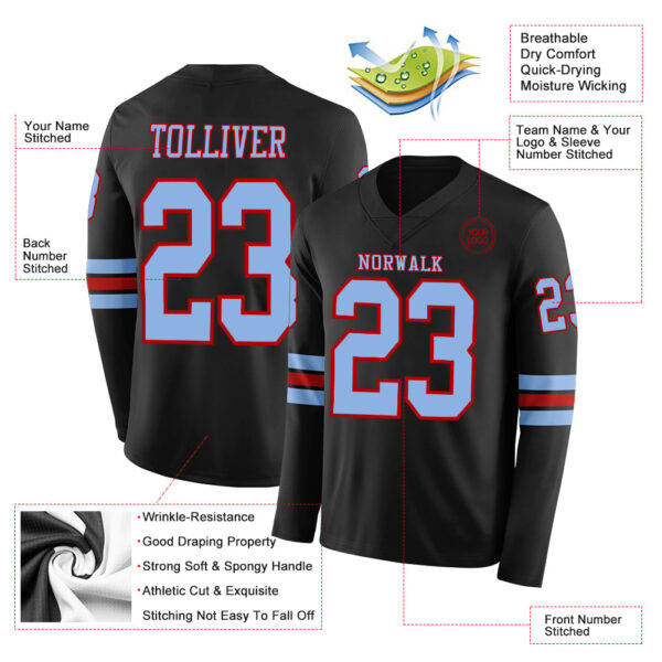 Custom Black Light Blue-Red Long Sleeve Authentic Football Jersey