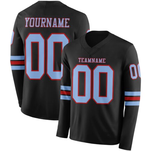 LongSleeve0481 Custom Black Light Blue-Red Long Sleeve Authentic Football Jersey
