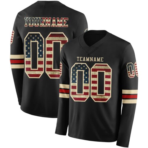 LongSleeve0482 Custom Black Vintage USA Flag Cream-Red Long Sleeve Authentic Football Jersey
