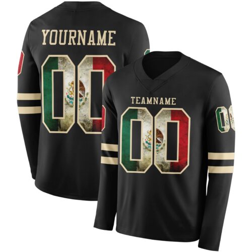 Custom Black Vintage Mexican Flag-Cream Long Sleeve Authentic Football Jersey