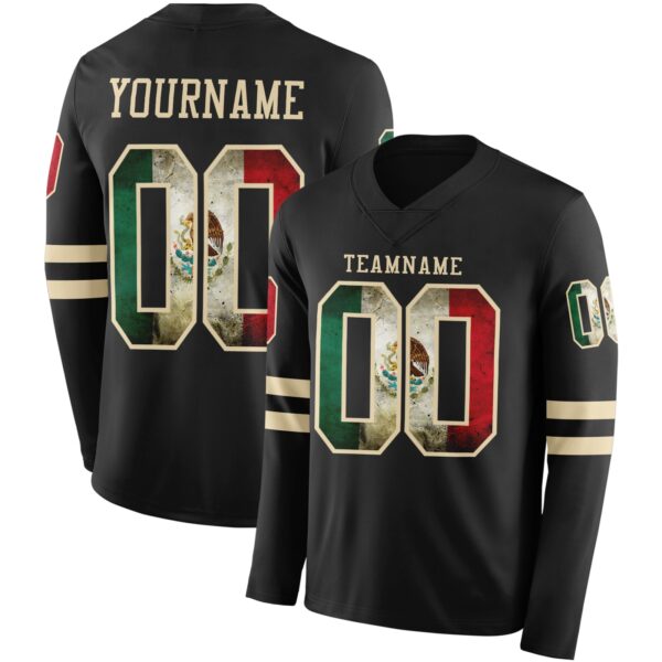 Custom Black Vintage Mexican Flag-Cream Long Sleeve Authentic Football Jersey