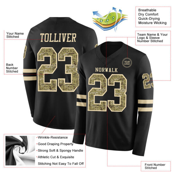Custom Black Camo-Cream Long Sleeve Authentic Football Jersey