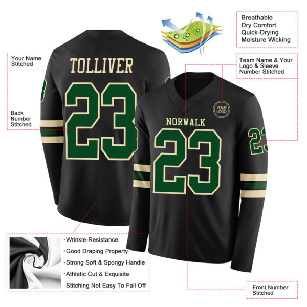 Custom Black Green-Cream Long Sleeve Authentic Football Jersey