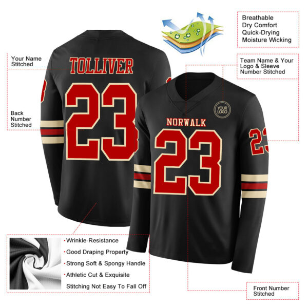 Custom Black Red-Cream Long Sleeve Authentic Football Jersey
