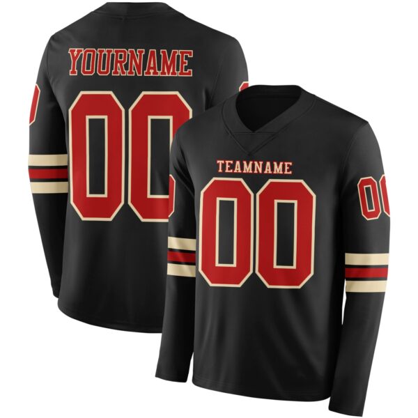 Custom Black Red-Cream Long Sleeve Authentic Football Jersey