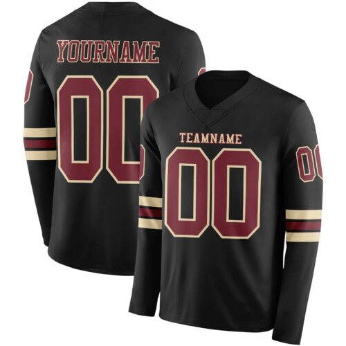 Custom Black Burgundy-Cream Long Sleeve Authentic Football Jersey