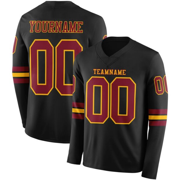 Custom Black Crimson-Gold Long Sleeve Authentic Football Jersey