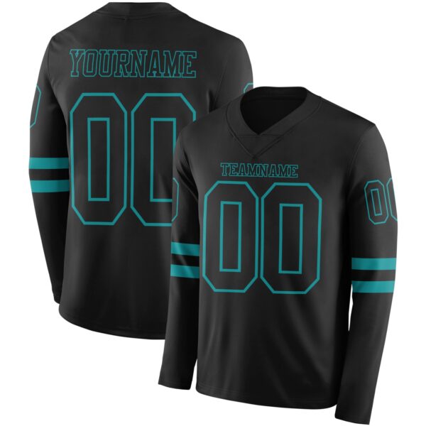 Custom Black Teal Long Sleeve Authentic Football Jersey