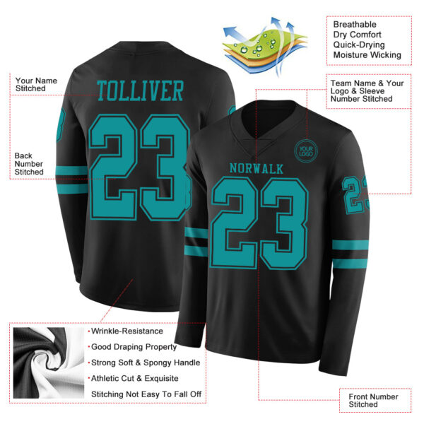 Custom Black Teal Long Sleeve Authentic Football Jersey
