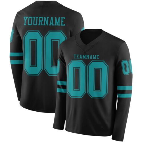 Custom Black Teal Long Sleeve Authentic Football Jersey