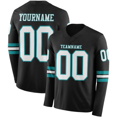 Custom Black White-Teal Long Sleeve Authentic Football Jersey