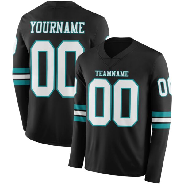Custom Black White-Teal Long Sleeve Authentic Football Jersey