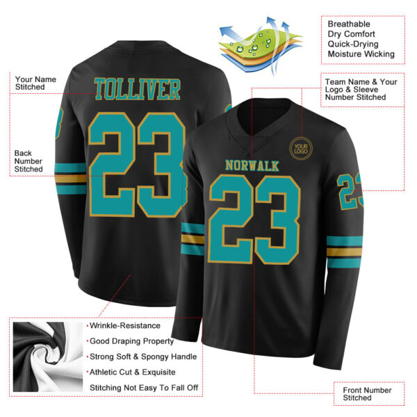 Custom Black Teal-Old Gold Long Sleeve Authentic Football Jersey