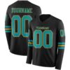 Custom Black Teal-Old Gold Long Sleeve Authentic Football Jersey