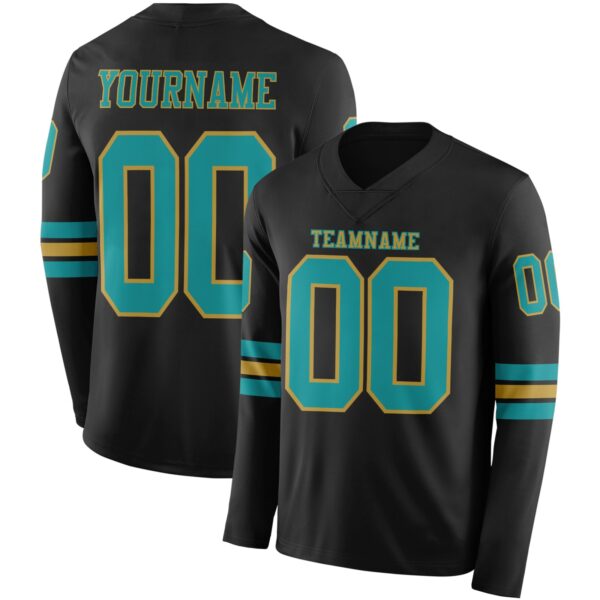 Custom Black Teal-Old Gold Long Sleeve Authentic Football Jersey
