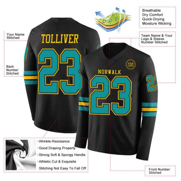 Custom Black Teal-Yellow Long Sleeve Authentic Football Jersey