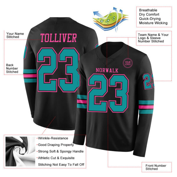 Custom Black Teal-Pink Long Sleeve Authentic Football Jersey