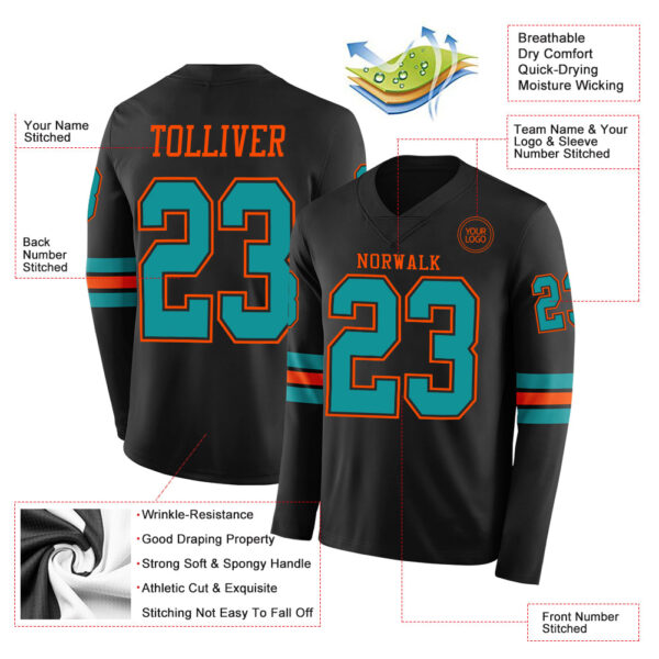 Custom Black Teal-Orange Long Sleeve Authentic Football Jersey