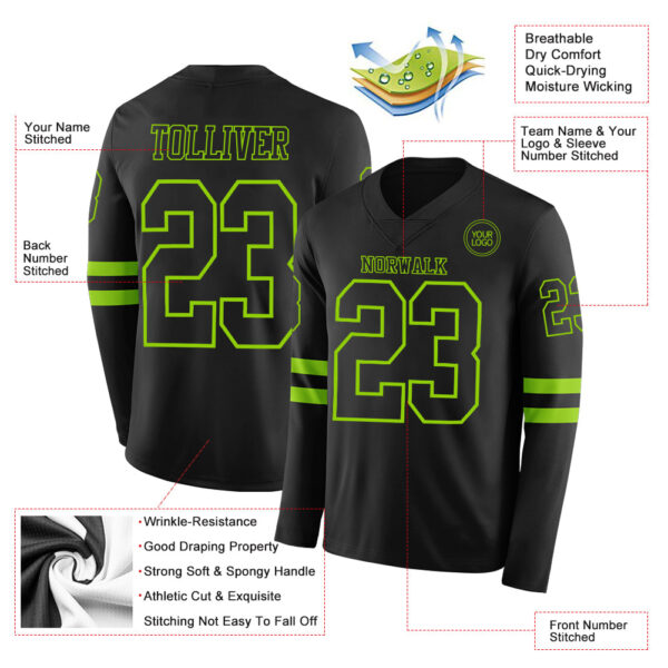 Custom Black Neon Green Long Sleeve Authentic Football Jersey