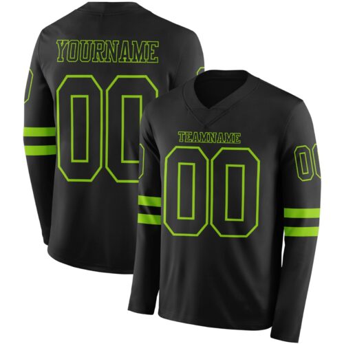 LongSleeve0505 Custom Black Neon Green Long Sleeve Authentic Football Jersey