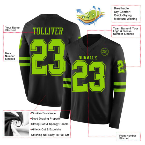 Custom Black Neon Green Long Sleeve Authentic Football Jersey