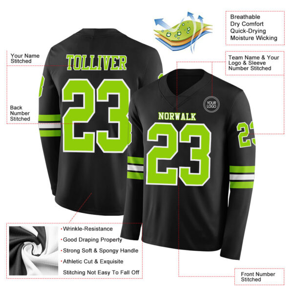 Custom Black Neon Green-White Long Sleeve Authentic Football Jersey