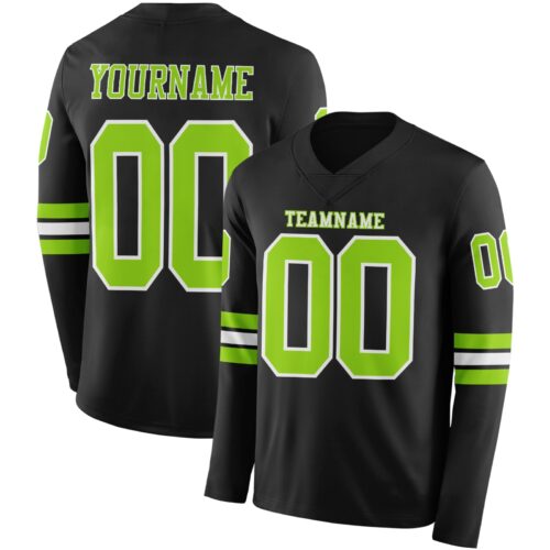 Custom Black Neon Green-White Long Sleeve Authentic Football Jersey